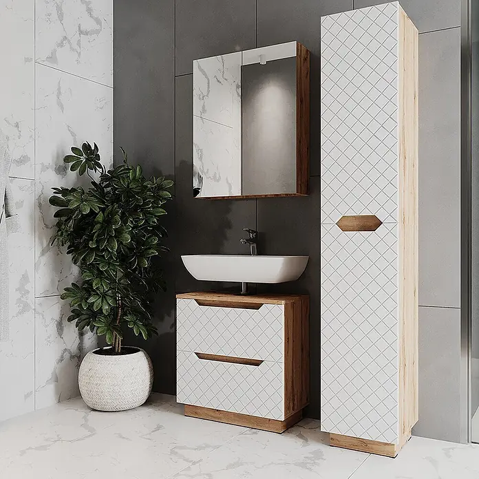 Vicco Badmöbel-Set Lotta Weiß 3 Teile - Weiß, Matt - Modernes Badmöbel-Set mit Holzdetails, weißen Fronten im Rautenmuster und integriertem Spiegel.