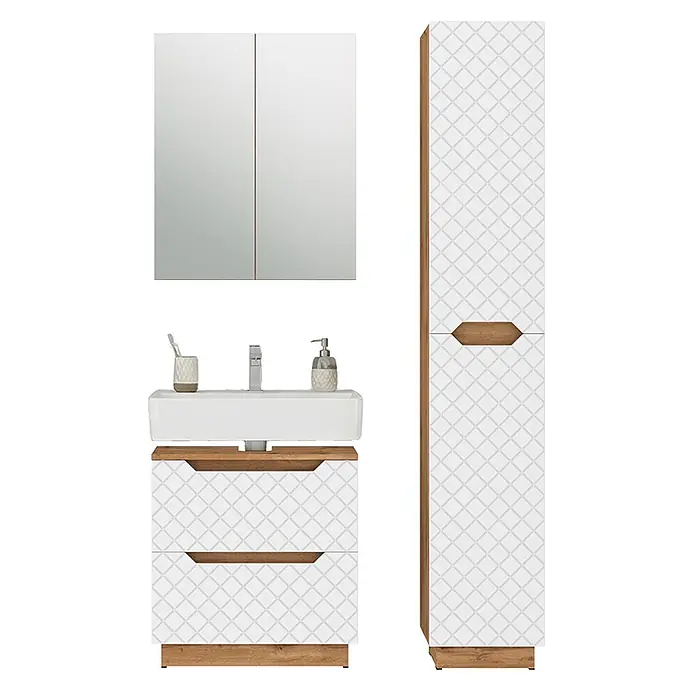 Vicco Badmöbel-Set Lotta Weiß 3 Teile - Weiß, Matt - Badezimmermöbel-Set: Spiegelschrank, Waschtisch mit Schubladen, Hochschrank, weiß mit Rautenmuster, Holzdetails.