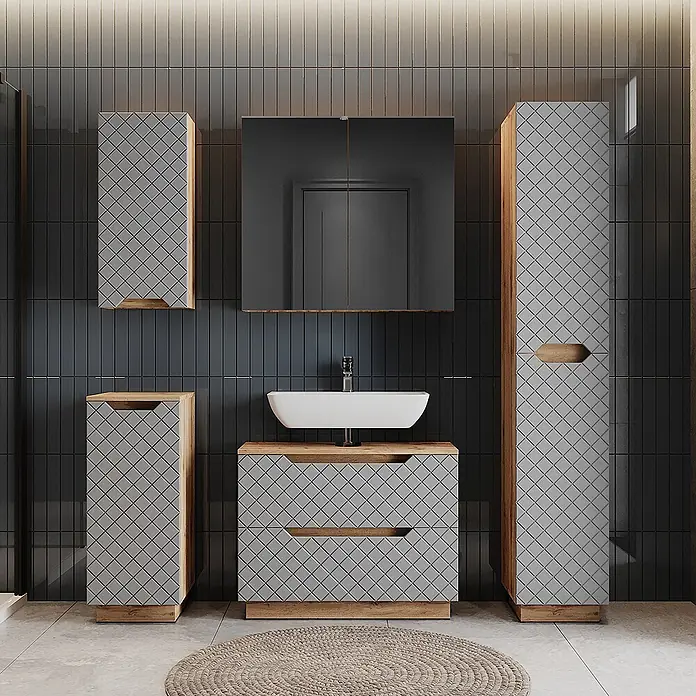 Vicco Badmöbel-Set Lotta Grau 4 Teile - Grau, Matt - Modernes Badmöbelset mit hellgrauen Fronten im Rautenmuster und Holzdetails, inklusive Waschtisch, Spiegelschrank und Stauraum.