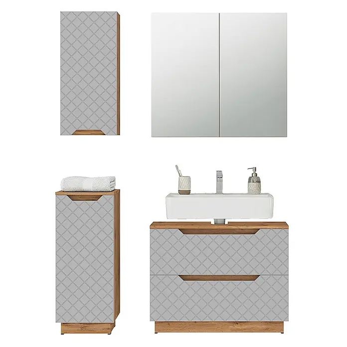 Vicco Badmöbel-Set Lotta Grau 4 Teile - Grau, Matt - Hellgraues gemustertes Badmöbel-Set mit Holz-Akzenten, bestehend aus Waschtischunterschrank, Hochschrank und Spiegelschrank.