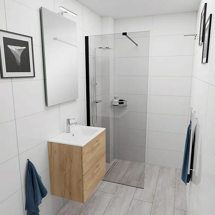 Camargue Espacio Badmöbel-Set E55 - 60 cm, Doce - Badezimmer-Interieur mit einem Waschtischunterschrank in Holzoptik, einer Duschkabine mit schwarzem Rahmen und weißen Fliesen.