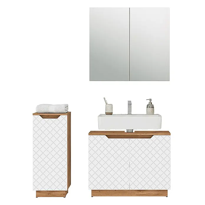 Vicco Badmöbel-Set Lotta Weiß 3 Teile - Weiß, Matt - Badmöbel-Set: Spiegelschrank, Waschtisch mit weißem Becken, Hochschrank. Helles Holz und weiße gemusterte Fronten.