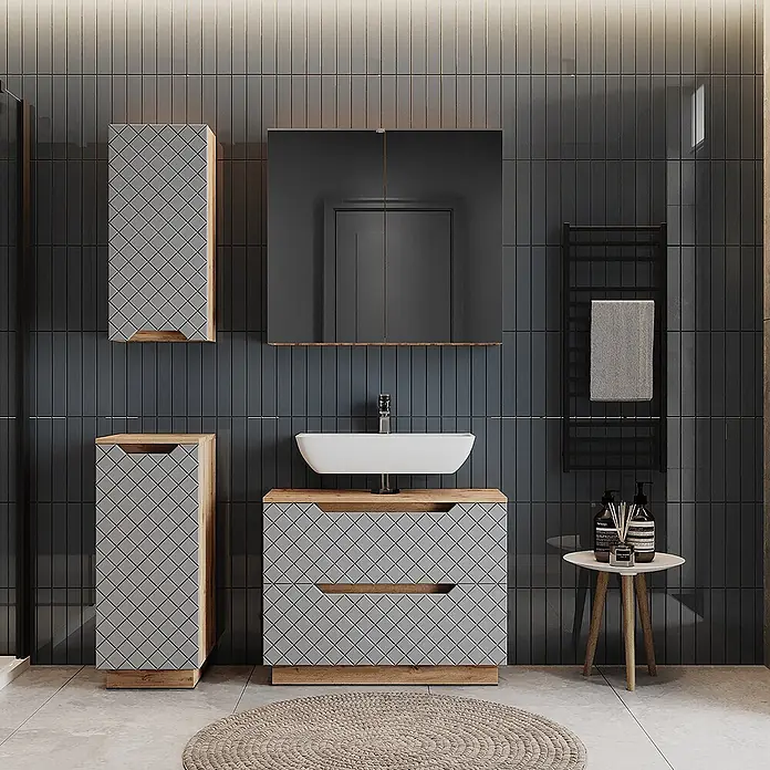 Vicco Badmöbel-Set Lotta Grau 4 Teile - Grau, Matt - Modernes Badezimmermöbel-Set mit grauen Rautenmusterfronten und Holzrahmen, bestehend aus Waschtischunterschrank, Hochschrank und Spiegelschrank.