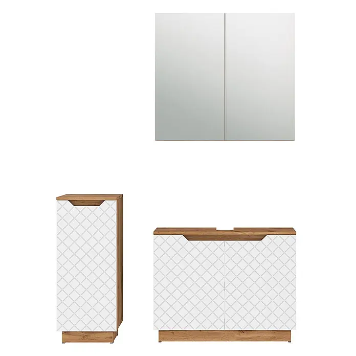 Vicco Badmöbel-Set Lotta Weiß 3 Teile - Weiß, Matt - Holzfarbenes Badmöbelset mit weißen, gemusterten Fronten: Spiegelschrank, Hochschrank und Waschtischunterschrank.