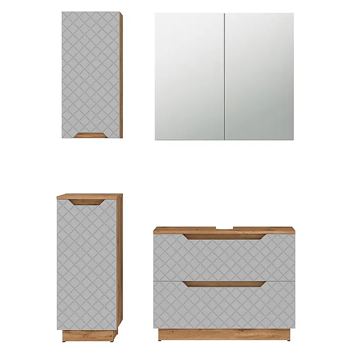 Vicco Badmöbel-Set Lotta Grau 4 Teile - Grau, Matt - Badezimmermöbel-Set mit hellgrauen, gemusterten Fronten und naturfarbenen Holzdekorrahmen.