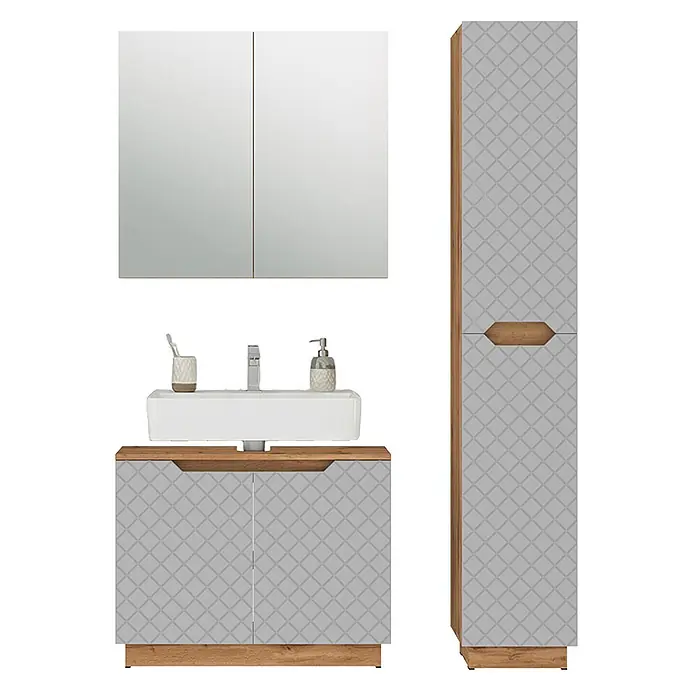 Vicco Badmöbel-Set Lotta Grau 3 Teile - Grau, Matt - Badmöbelset: Spiegelschrank, hellgrauer Waschtisch mit Waschbecken und passender Hochschrank mit Holzdetails.