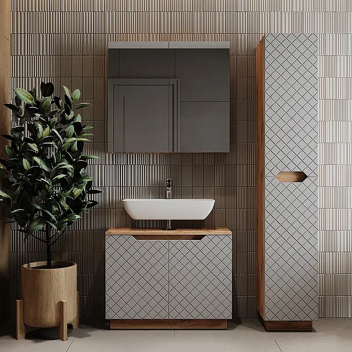 Vicco Badmöbel-Set Lotta Grau 3 Teile - Grau, Matt - Modernes hellgraues Badmöbel-Set mit Rautenmuster und Holzdetails in einem minimalistischen Badezimmer.