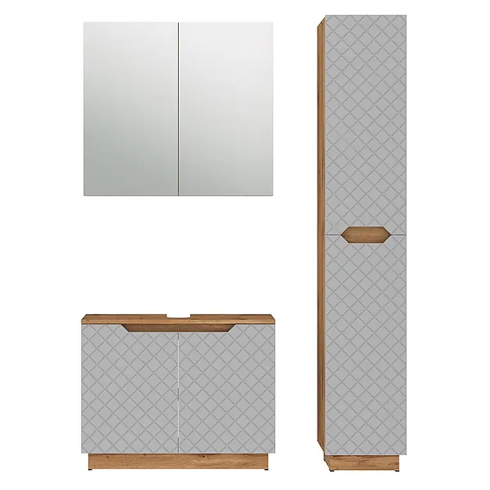 Vicco Badmöbel-Set Lotta Grau 3 Teile - Grau, Matt - Badezimmermöbel-Set in Hellgrau mit geometrischem Muster und Holzoptik-Akzenten, bestehend aus Spiegelschrank, Waschtischunterschrank und Hochschrank.
