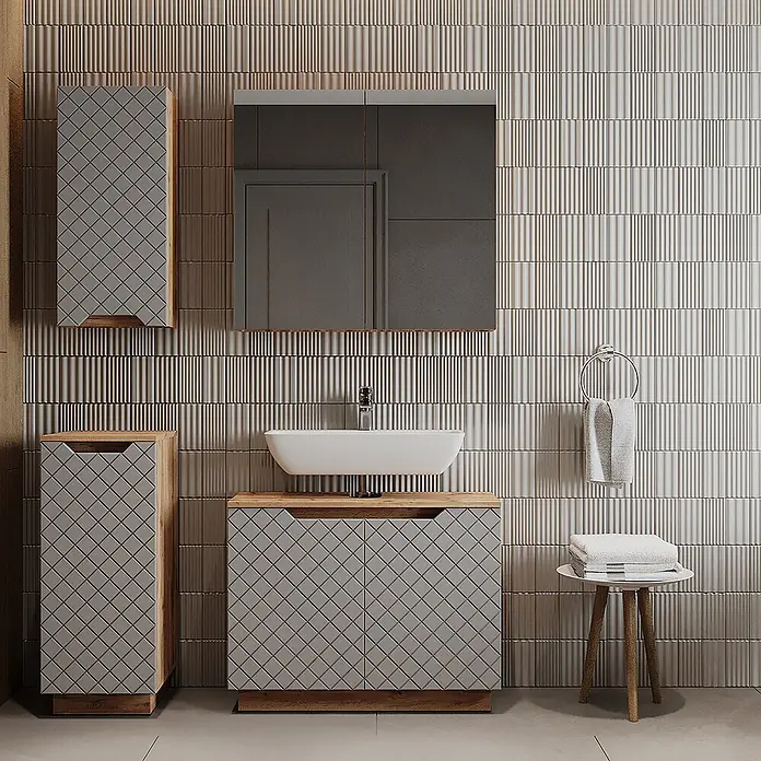 Vicco Badmöbel-Set Lotta Grau 4 Teile - Grau, Matt - Modernes Badmöbel-Set mit hellgrauen Rautenmuster-Fronten, Holzrahmen, integriertem Waschbecken und passenden Hochschränken und Wandschränken.