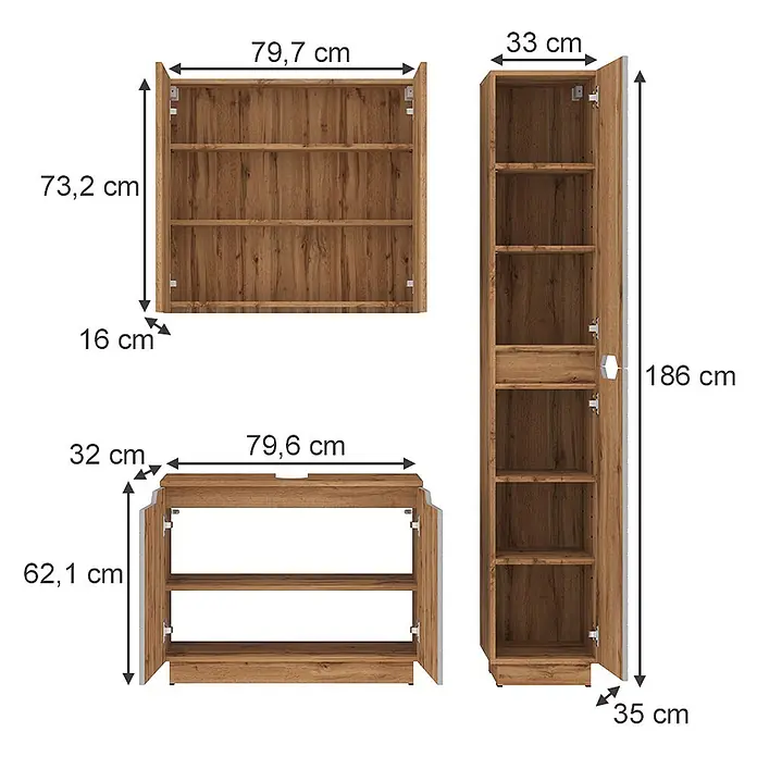 Vicco Badmöbel-Set Lotta Grau 3 Teile - Grau, Matt - Modulare Schränke in Holzoptik mit weißen Akzenten und Maßen für Wand-, Unter- und Hochschränke.