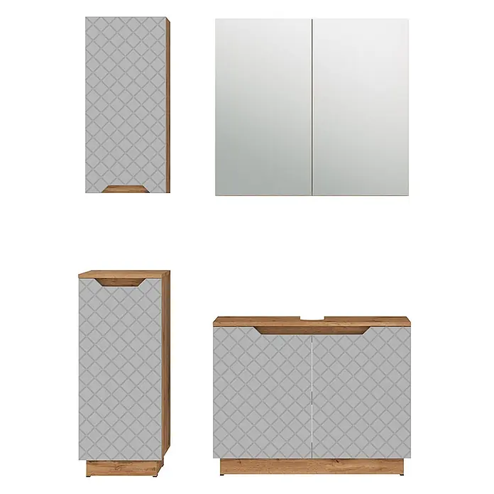 Vicco Badmöbel-Set Lotta Grau 4 Teile - Grau, Matt - Badezimmermöbel-Set mit hellgrauen Fronten im Rautenmuster, Naturholz-Akzenten und einem Spiegel.