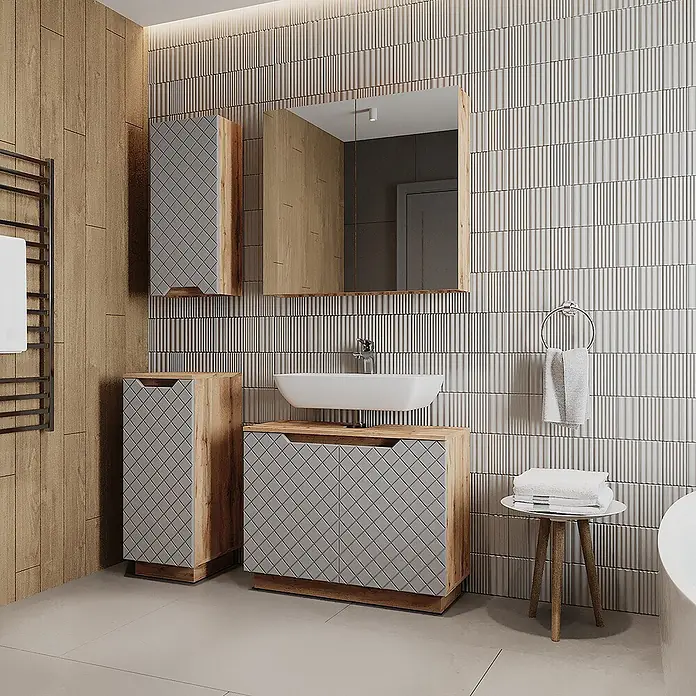 Vicco Badmöbel-Set Lotta Grau 4 Teile - Grau, Matt - Modernes Badmöbelset mit grauen Rautenmuster-Fronten und Holzelementen, bestehend aus Waschtischunterschrank, Hochschrank und Wandschrank.