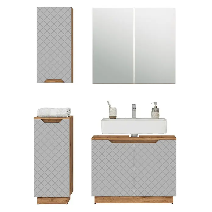 Vicco Badmöbel-Set Lotta Grau 4 Teile - Grau, Matt - Badmöbel-Set mit hellgrauen Fronten und Holzelementen, bestehend aus Hochschrank, Spiegelschrank, Beistellschrank und Waschtisch mit Waschbecken.