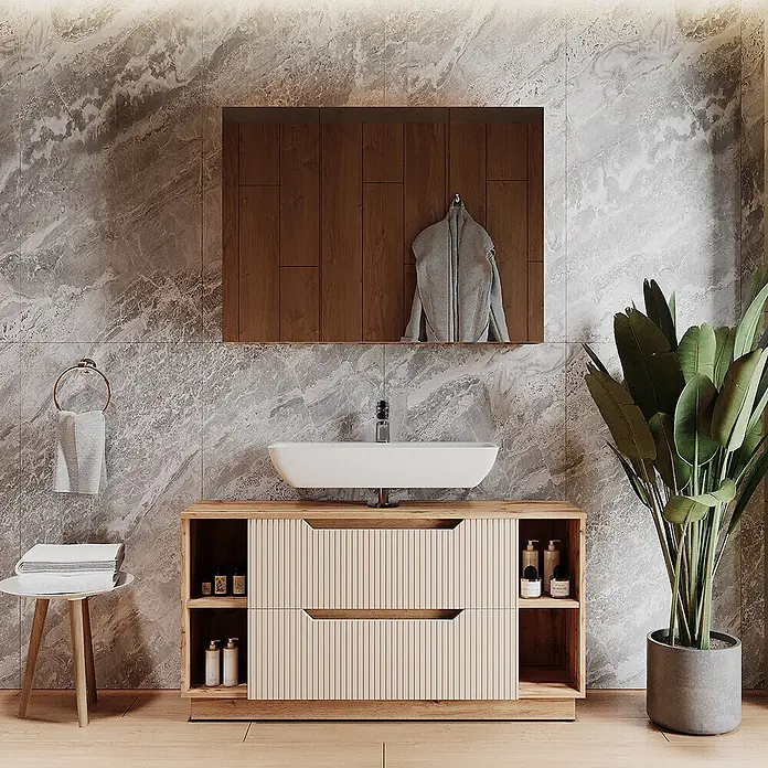 Vicco Badmöbel-Set Lotta Cashmere 2 Teile - Cashmere, Matt - Helle Holzbadmöbel mit Lamellenschubladen und weißem Aufsatzwaschbecken in einem modernen Badezimmer.