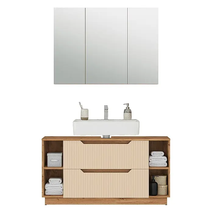 Vicco Badmöbel-Set Lotta Cashmere 2 Teile - Cashmere, Matt - Waschtisch aus Holz mit beigen gerippten Schubladen, weißem Waschbecken und dreiteiligem Spiegelschrank.