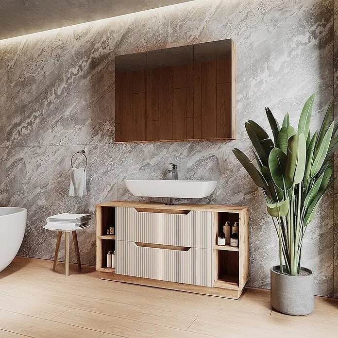 Vicco Badmöbel-Set Lotta Cashmere 2 Teile - Cashmere, Matt - Badezimmermöbel aus hellem Holz mit weißem Waschbecken und Spiegelschrank in modernem Bad.