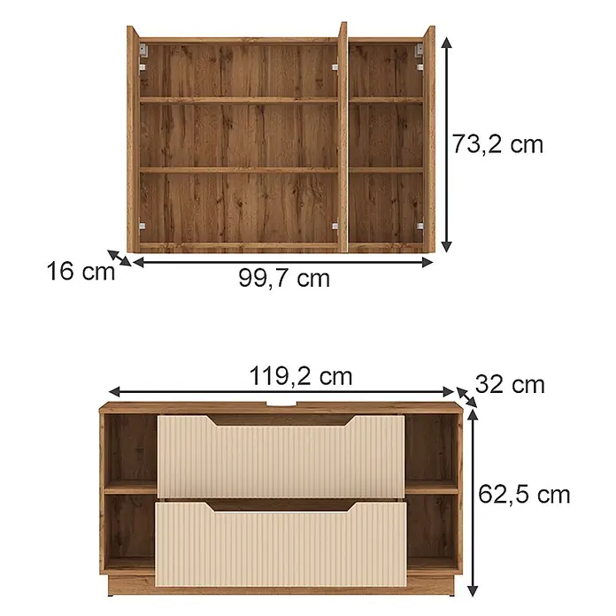Vicco Badmöbel-Set Lotta Cashmere 2 Teile - Cashmere, Matt - Wandregal und TV-Schrank in Holzoptik mit hellbeigen Rillenfronten, Maße angezeigt.