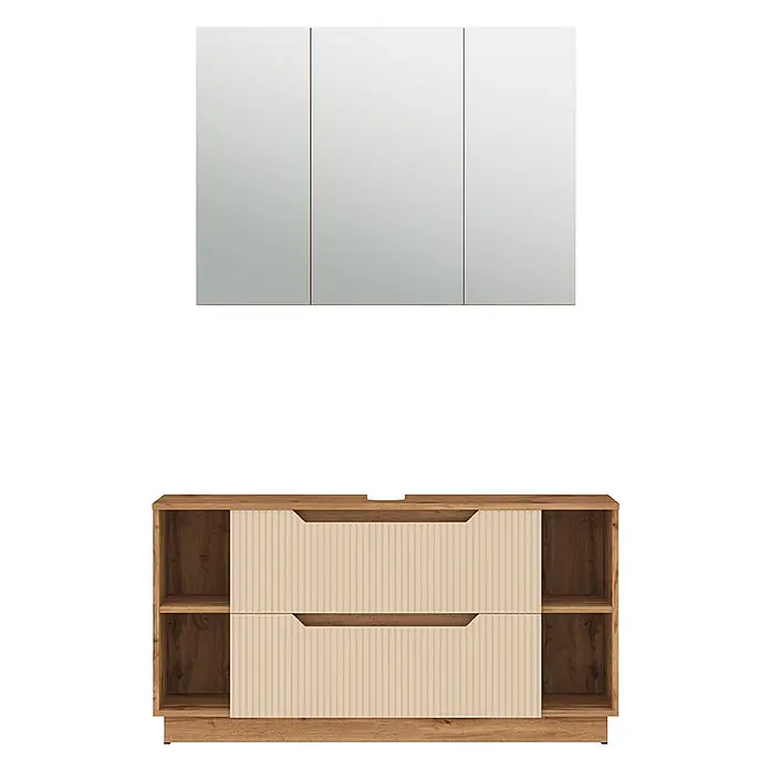 Vicco Badmöbel-Set Lotta Cashmere 2 Teile - Cashmere, Matt - Spiegelschrank über einem Holz-Waschtischunterschrank mit hellbeigen Rillenfront-Schubladen und offenen Fächern.