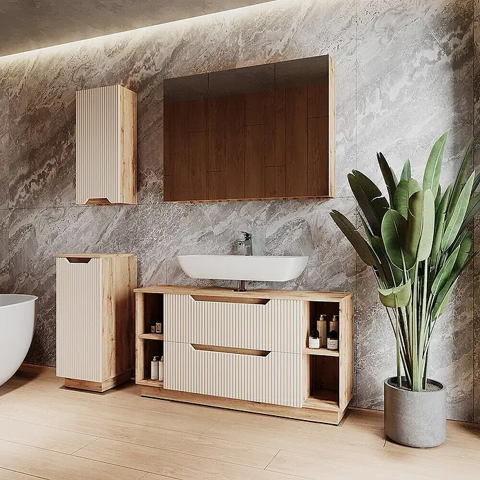 Vicco Badmöbel-Set Lotta Cashmere 4 Teile - Cashmere, Matt - Modernes Badezimmermöbelset aus hellem Holz mit gerippten beigen Fronten, bestehend aus Waschtischunterschrank, Wandschrank und Hochschrank.