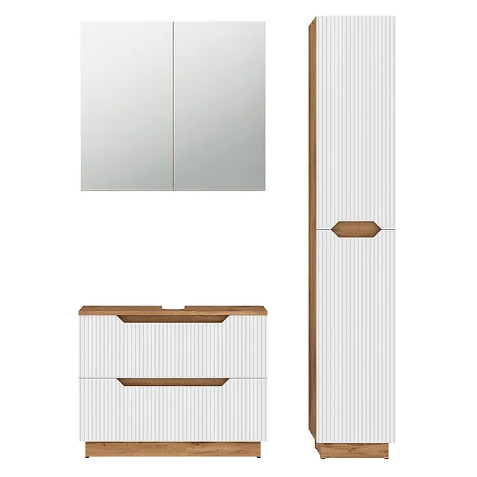Vicco Badmöbel-Set Lotta Weiß 3 Teile - Weiß, Matt - Weiß geriffeltes Badmöbel-Set mit hellen Holzdetails: Spiegelschrank, Waschtischunterschrank und Hochschrank.