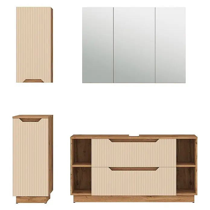 Vicco Badmöbel-Set Lotta Cashmere 4 Teile - Cashmere, Matt - Badmöbel-Set mit hellen Holzrahmen und gerippten beigen Fronten, inklusive Waschtischunterschrank, Schränken und dreitürigem Spiegelschrank.