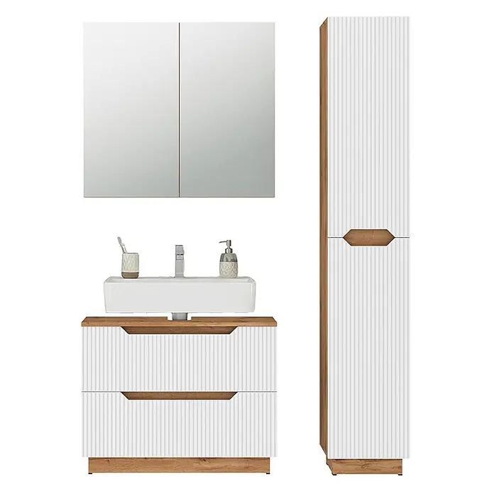 Vicco Badmöbel-Set Lotta Weiß 3 Teile - Weiß, Matt - Modernes Badmöbel-Set mit weißen geriffelten Fronten und Holzdetails. Besteht aus Spiegelschrank, Waschtisch mit Waschbecken und Hochschrank.