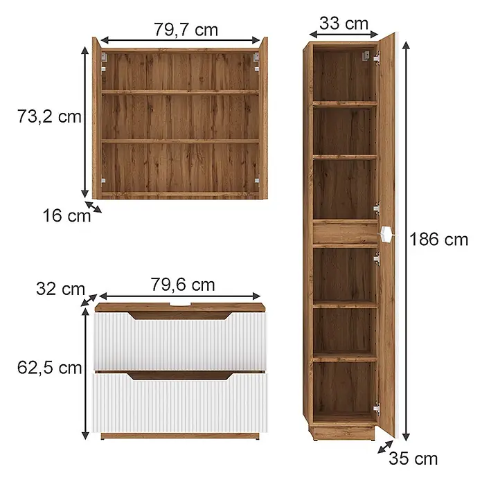 Vicco Badmöbel-Set Lotta Weiß 3 Teile - Weiß, Matt - Drei Möbelstücke in Holz- und Weißtönen: ein offenes Wandregal, eine Kommode mit 2 Schubladen und ein hoher Schrank mit Tür.