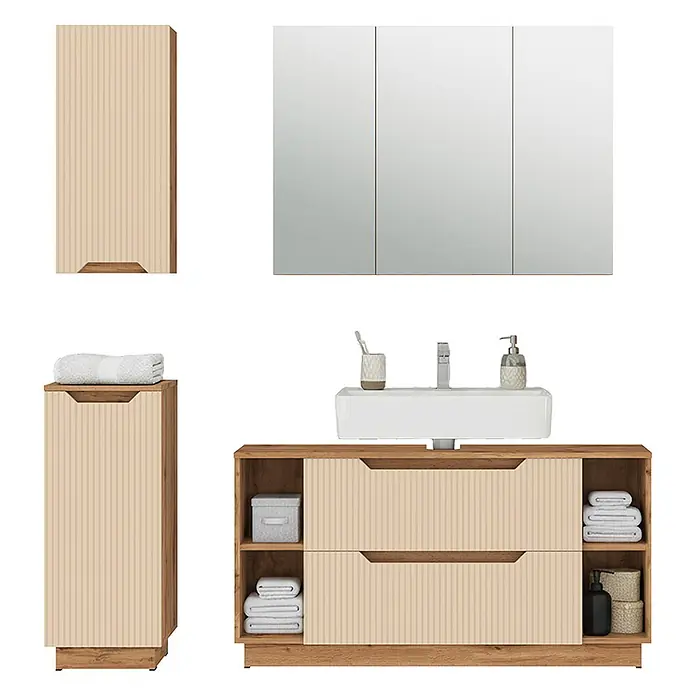 Vicco Badmöbel-Set Lotta Cashmere 4 Teile - Cashmere, Matt - Badezimmermöbelset aus hellem Holz mit Waschbecken, gerippten beigefarbenen Fronten, Hochschränken und Spiegelschrank.