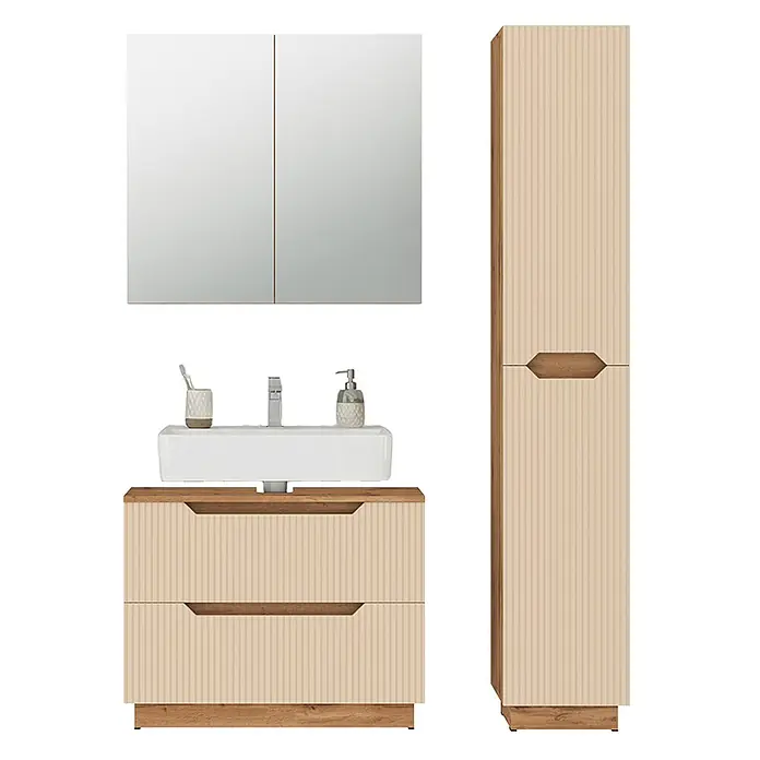 Vicco Badmöbel-Set Lotta Cashmere 3 Teile - Cashmere, Matt - Badezimmermöbel-Set: Spiegelschrank, Waschtischunterschrank und Hochschrank in heller Rippenoptik mit Holzdetails und weißem Waschbecken.