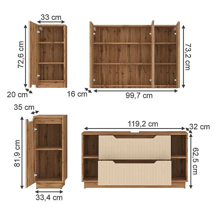 Vicco Badmöbel-Set Lotta Cashmere 4 Teile - Cashmere, Matt - Modernes modulares Möbelset aus Holzmaserung mit beigefarbenen gerippten Schubladen und Regalen.