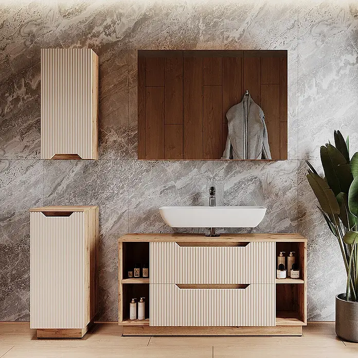 Vicco Badmöbel-Set Lotta Cashmere 4 Teile - Cashmere, Matt - Modernes Badezimmermöbel-Set aus hellem Holz mit geriffelten cremefarbenen Fronten und passenden Schränken.