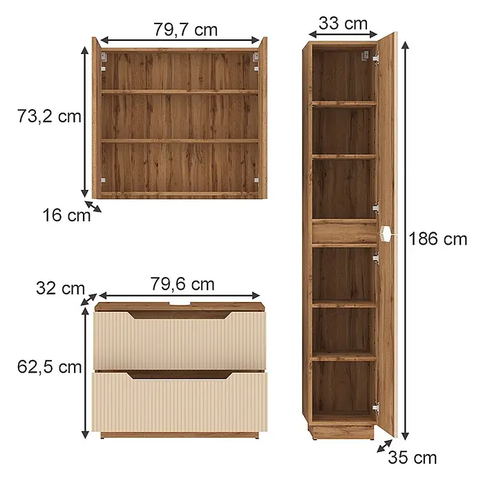 Vicco Badmöbel-Set Lotta Cashmere 3 Teile - Cashmere, Matt - Dreiteiliges Holzmöbelset: Wandregal, Kommode mit zwei Schubladen und hoher Schrank mit Regalböden und einer Schublade. Braun-beige Holzoptik.