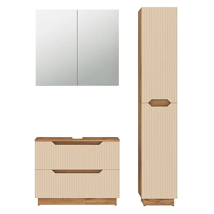 Vicco Badmöbel-Set Lotta Cashmere 3 Teile - Cashmere, Matt - Helles, geriffeltes Badmöbel-Set in Beige mit Naturholz-Akzenten: Spiegelschrank, Waschtischunterschrank und Hochschrank.