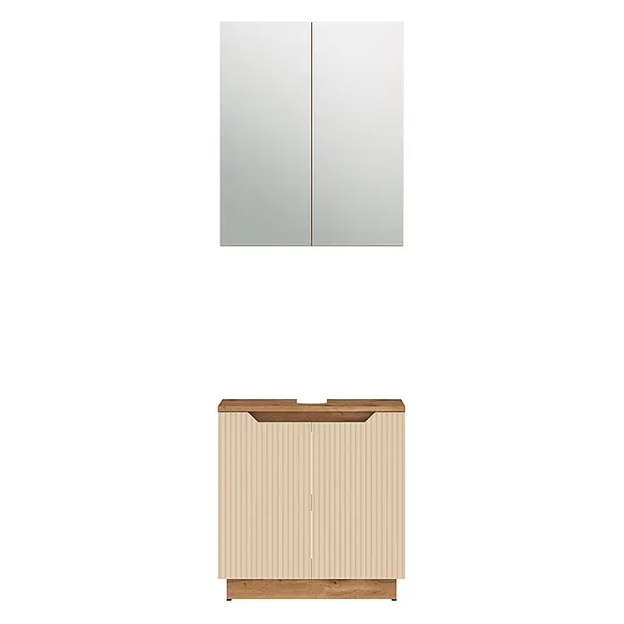 Vicco Badmöbel-Set Lotta Cashmere 2 Teile - Cashmere, Matt - Badezimmermöbel-Set: weißer Spiegelschrank und heller Holz-Waschtischunterschrank mit beigefarbenen gerillten Türen und integrierten Griffen.