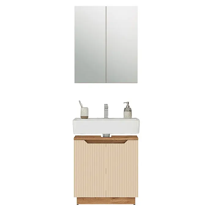 Vicco Badmöbel-Set Lotta Cashmere 2 Teile - Cashmere, Matt - Badezimmer-Waschtischset mit Spiegelschrank, weißem Waschbecken und beigem Riffel-Unterschrank mit Holzdetails.