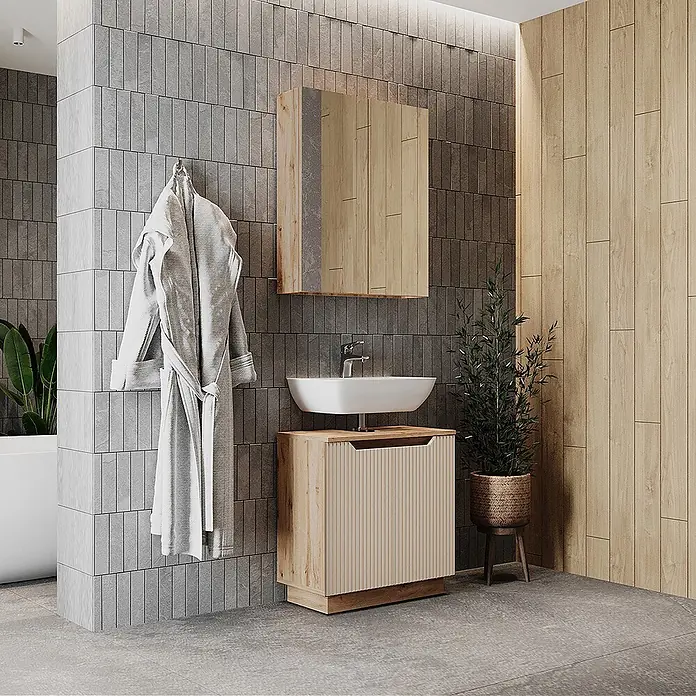 Vicco Badmöbel-Set Lotta Cashmere 2 Teile - Cashmere, Matt - Moderner Waschtischunterschrank aus Holz mit weißem Aufsatzwaschbecken und passendem Spiegelschrank in einem modernen Bad.
