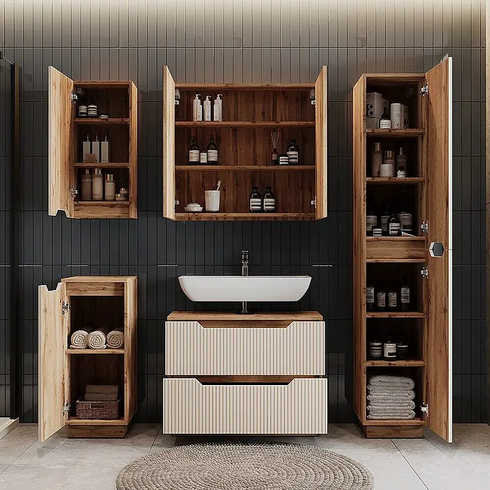 Vicco Badmöbel-Set Lotta Cashmere 4 Teile - Cashmere, Matt - Badezimmermöbel-Set aus Holz mit Waschbecken, Waschtisch mit gerippten Schubladen, Wand- und Hochschränken.