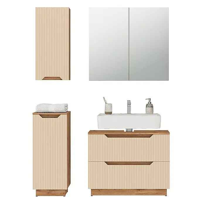 Vicco Badmöbel-Set Lotta Cashmere 4 Teile - Cashmere, Matt - Badmöbelset mit hellbeigen geriffelten Fronten und Holzdetails, inkl. Waschtisch, Waschbecken, Spiegelschrank und Hochschränken.
