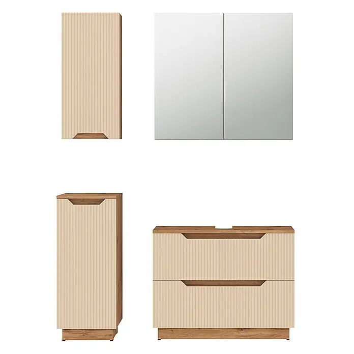 Vicco Badmöbel-Set Lotta Cashmere 4 Teile - Cashmere, Matt - Badezimmermöbel-Set: beigefarbener Rillen-Hochschrank, Spiegelschrank, und Waschtischunterschrank mit zwei Schubladen und Holzoptik-Akzenten.