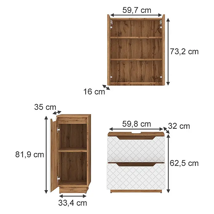 Vicco Badmöbel-Set Lotta Weiß 3 Teile - Weiß, Matt - Satz von drei braunen Holzoptik- und weißen Möbelstücken (offenes Regal, Schrank, Schubladenkommode) mit Maßen.