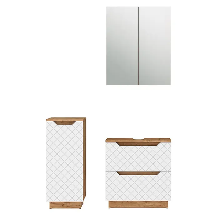 Vicco Badmöbel-Set Lotta Weiß 3 Teile - Weiß, Matt - Set aus drei Badezimmermöbeln: ein verspiegelter Wandschrank und zwei holzfarbene Schränke mit weißen Mustertüren.