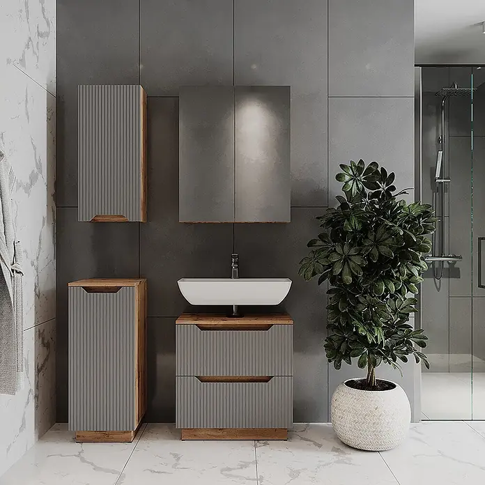 Vicco Badmöbel-Set Lotta Grau 4 Teile - Grau, Matt - Modernes Badmöbel-Set mit grauen geriffelten Fronten, Holz-Akzenten, weißem Aufsatzwaschbecken und passenden Wand- und Hochschränken.