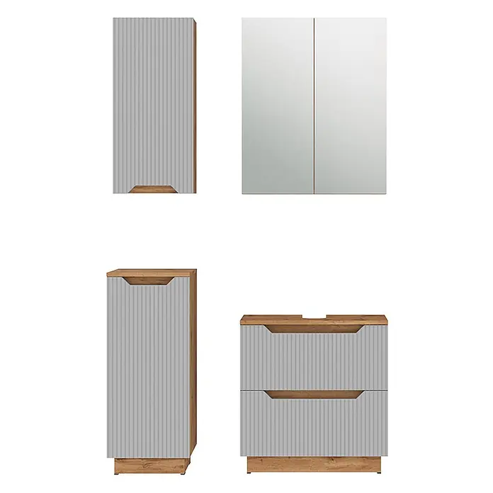 Vicco Badmöbel-Set Lotta Grau 4 Teile - Grau, Matt - Hellgraue geriffelte Möbel mit Holzdetails, darunter Hochschränke, Spiegelschrank und Waschtisch mit zwei Schubladen.