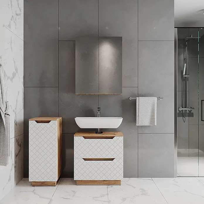 Vicco Badmöbel-Set Lotta Weiß 3 Teile - Weiß, Matt - Weißer Waschtischunterschrank und Hochschrank mit Rautenmuster und Holzdetails für ein modernes Bad.