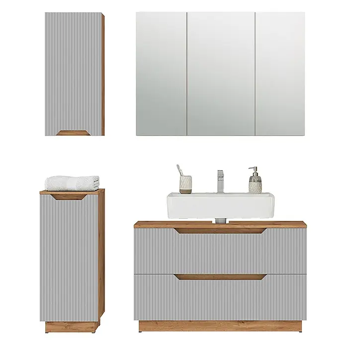 Vicco Badmöbel-Set Lotta Grau 4 Teile - Grau, Matt - Badezimmermöbel-Set mit hellgrauen geriffelten Fronten und Akzenten in Naturholzoptik. Enthält Spiegelschrank, Waschtisch mit Waschbecken und zwei Schränke.