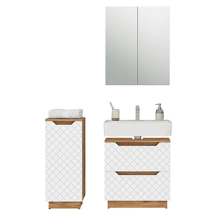 Vicco Badmöbel-Set Lotta Weiß 3 Teile - Weiß, Matt - Weißes Badmöbelset mit geometrischem Muster und Holzdetails: Spiegelschrank, Waschtischunterschrank mit zwei Schubladen und Hochschrank.