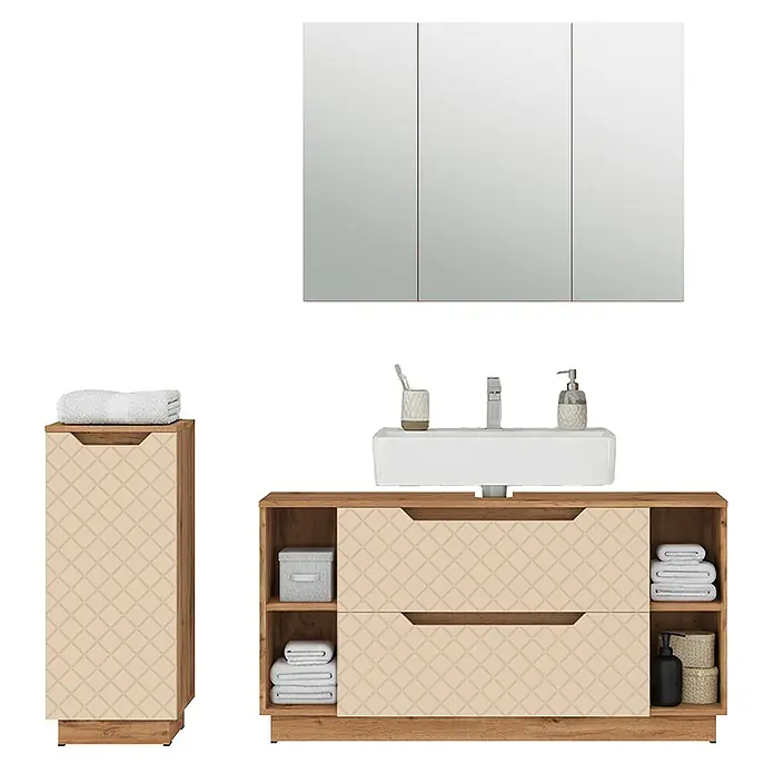 Vicco Badmöbel-Set Lotta Cashmere 3 Teile - Cashmere, Matt - Badmöbel-Set: heller Holz-Look, beige gemusterte Fronten, Spiegelschrank, Waschbecken und Hochschrank.