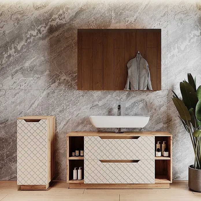 Vicco Badmöbel-Set Lotta Cashmere 3 Teile - Cashmere, Matt - Moderne Badezimmer-Waschtischanlage aus hellem Holz mit gemusterten Schubladen, passendem Hochschrank, weißem Waschbecken und dunklem Spiegelschrank.