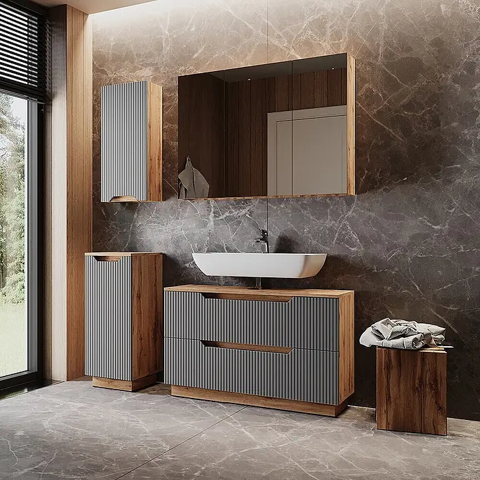 Vicco Badmöbel-Set Lotta Grau 4 Teile - Grau, Matt - Modernes Badmöbel-Set in heller Holzoptik und grauen Rillenplatten, mit Waschtisch, Hochschrank und Beistellhocker.