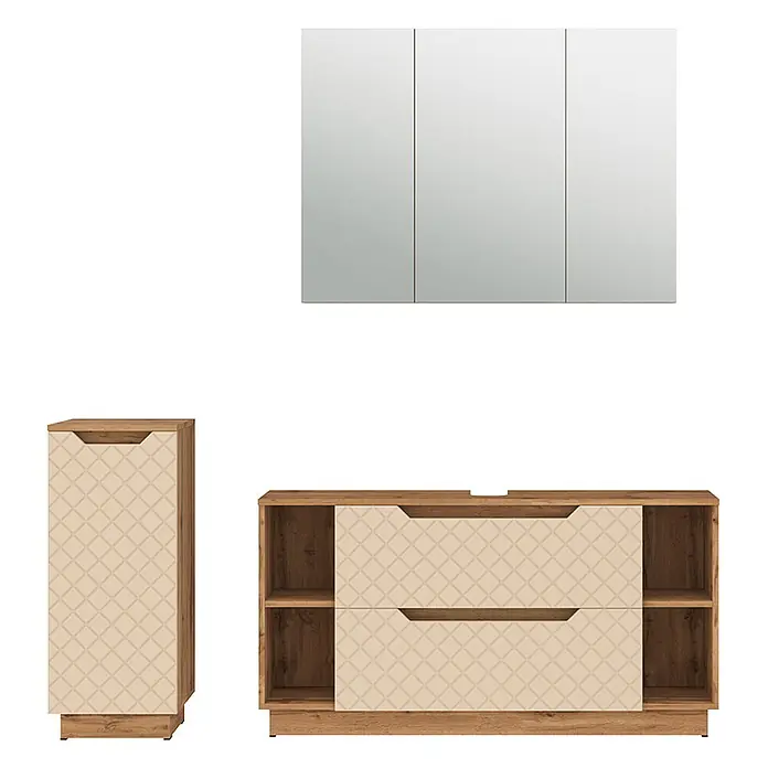 Vicco Badmöbel-Set Lotta Cashmere 3 Teile - Cashmere, Matt - Badmöbel-Set: Spiegelschrank aus hellem Holz, Hochschrank und Waschtischunterschrank mit beigen gemusterten Schubladen und Regalen.